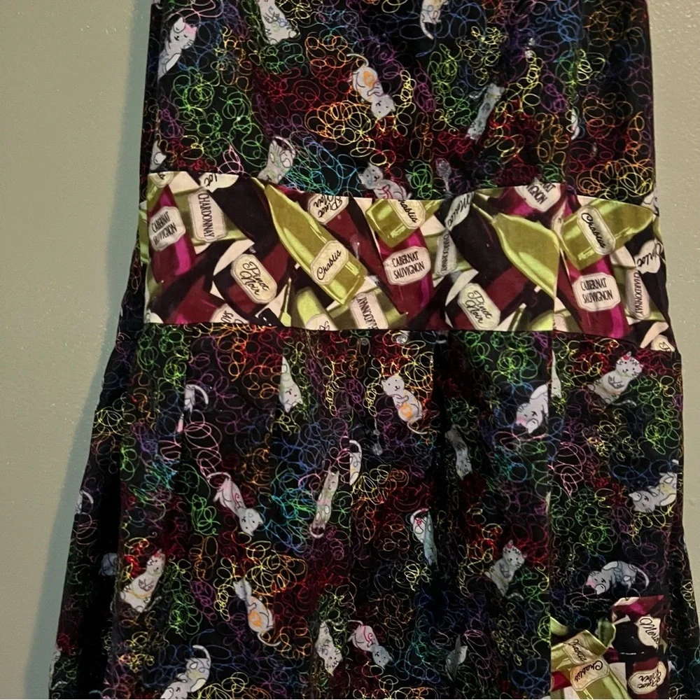 Handmade Apron Black Neon Cat Print Wine Bottle Details Pocket Tie Back